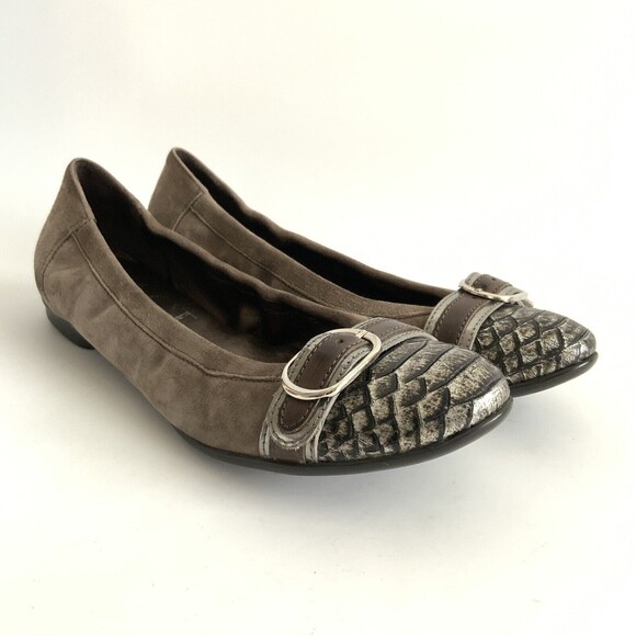 AGL Ballet Flats Size 37 Taupe Pewter Snake Cap-toe Buckle Front Shoe - Picture 12 of 12